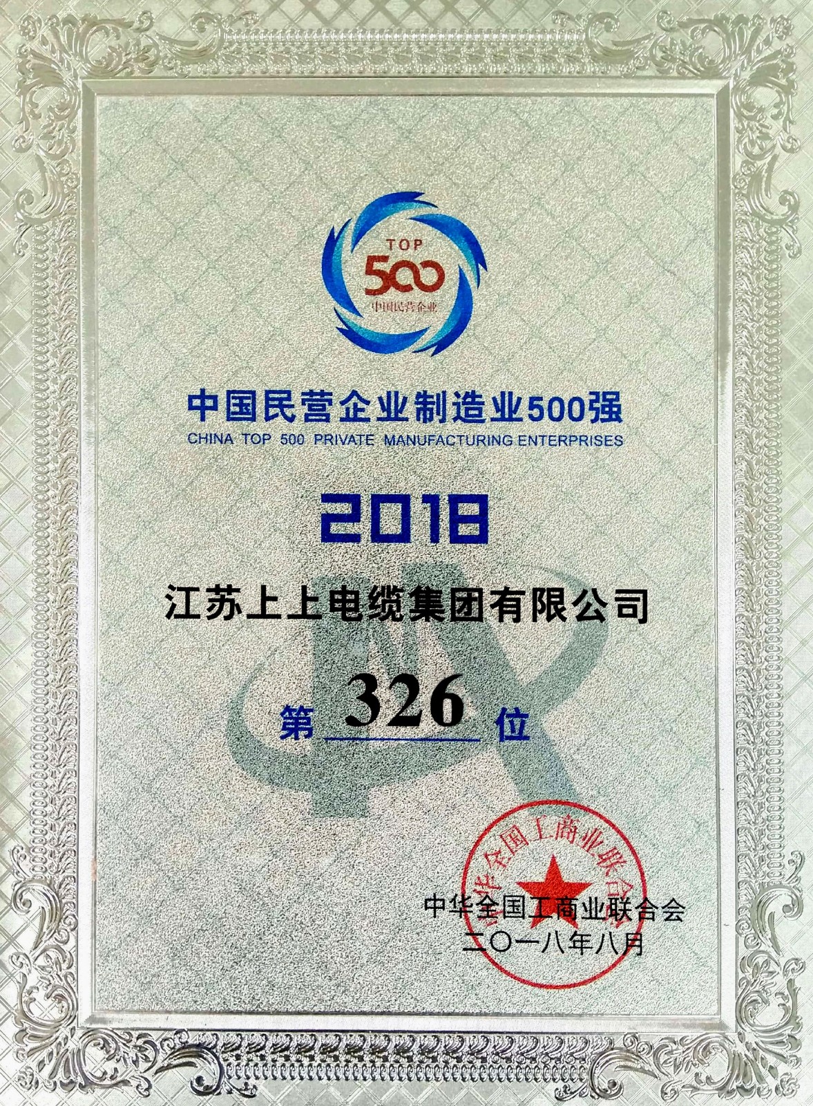 人生就是博电缆一连八年入围中国民营企业制造业500强